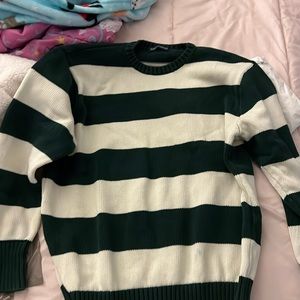 Brianna Cotton Thick Stripe Sweater In Green And Crème